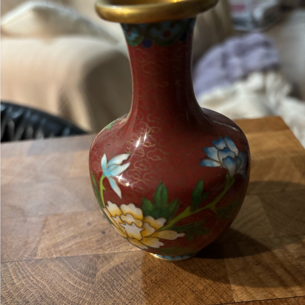 Vintage Cloisonné Floral Vase with Gold Accents